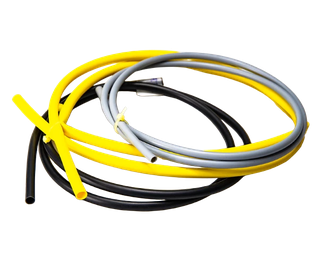 NF coiled PVC tubing in gray, black and yellow